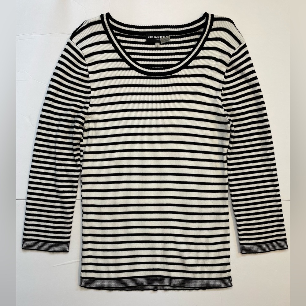 Karl Lagerfeld Paris Women's Large Sweater White Black Stripe Scoop Neck Ribbed